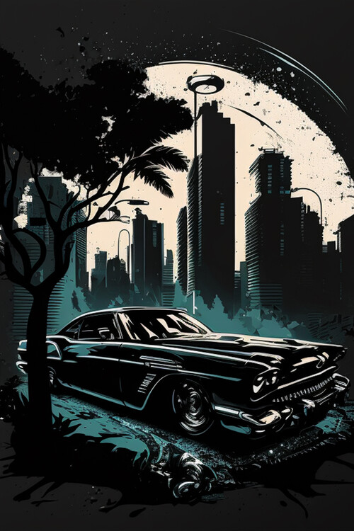 Ilustracija Classical Black Car Camaro Driving Into The Night, Chevrolet