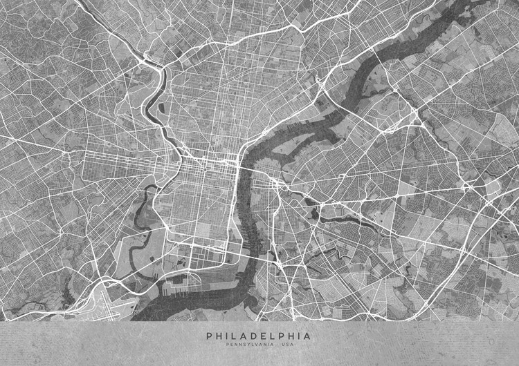 Karta Map of Philadelphia (PA, USA) in gray vintage style