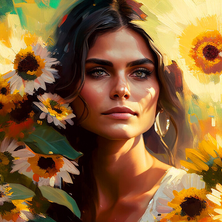 Illustration Abstract beautiful Mexican woman portrait & sunflowers