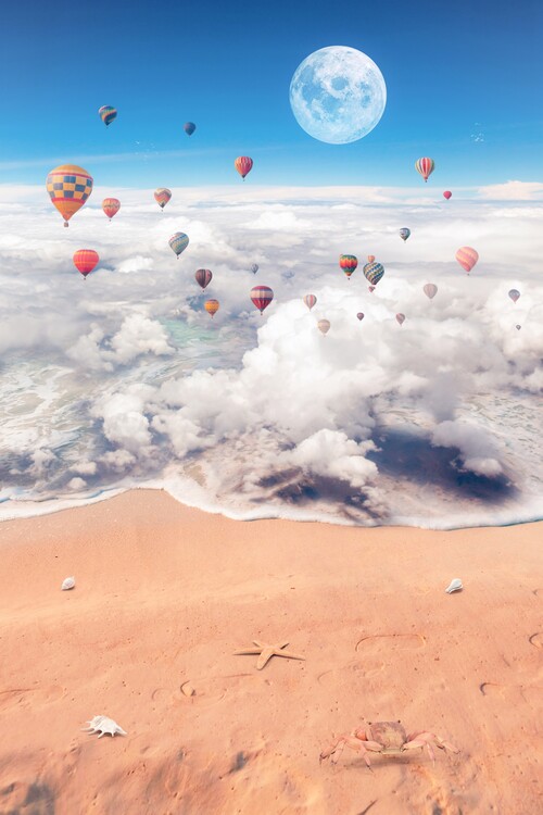 Valokuvataide Surreal sea of clouds and hot air balloons