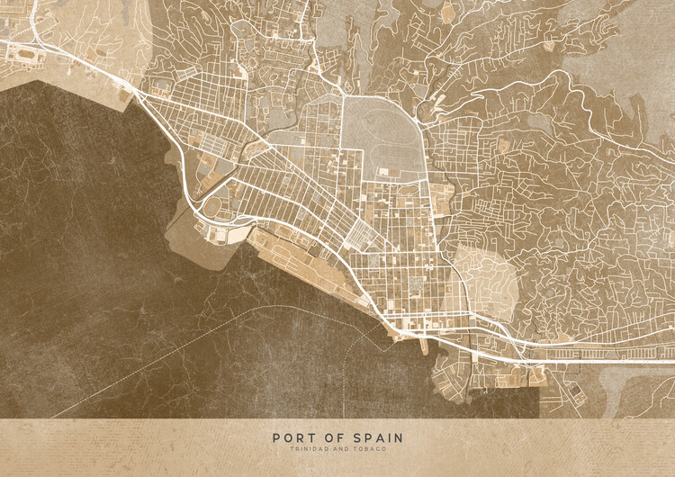 Kartta Map of Port of Spain (Trinidad and Tobago) in sepia