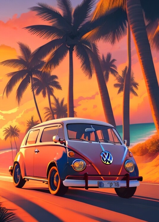 Illustration Car and Sunset