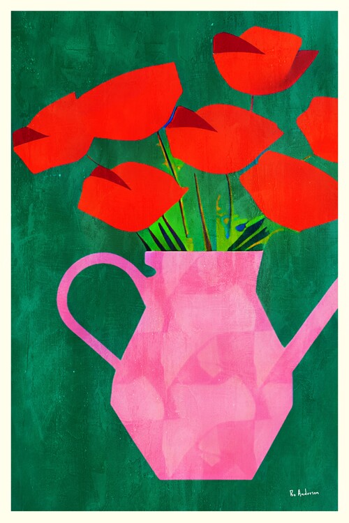 Illustration Red Poppies In A Pink Vase