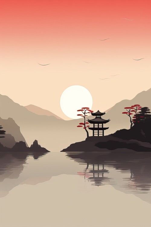 Illustration Isolated mountain peak at sunset