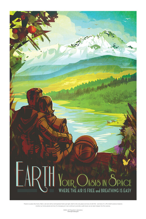 Ilustrace Earth (Retro Planet & Moon Poster) - Space Series (NASA), 26.7x40 cm