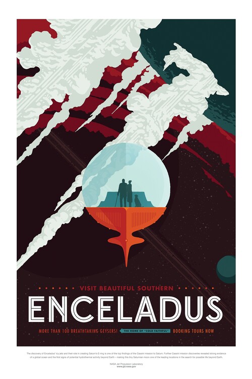 Ilustrace Enceladus (Retro Planet & Moon Poster) - Space Series (NASA), (26.7 x 40 cm)