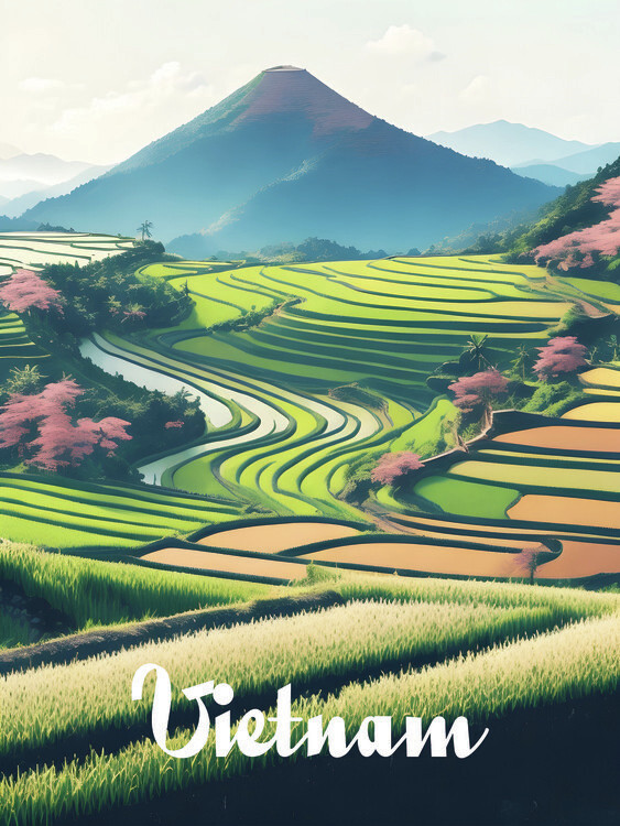 Illustration Vietnam Rice Terraces Travel Poster