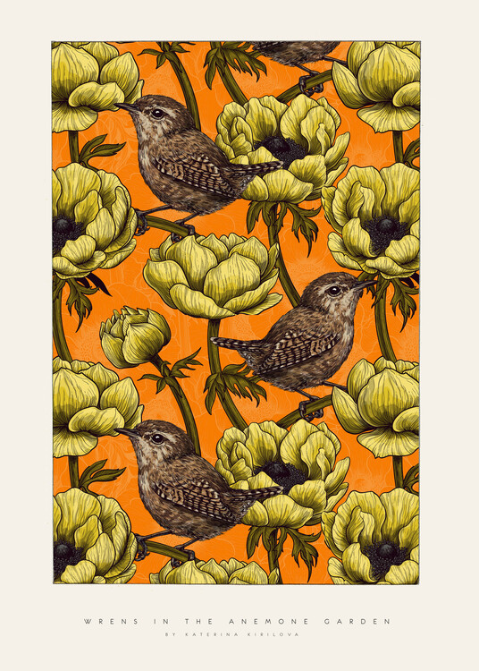Illustration Katerina Kirilova - Wrens in the Anemone Garden - yellow