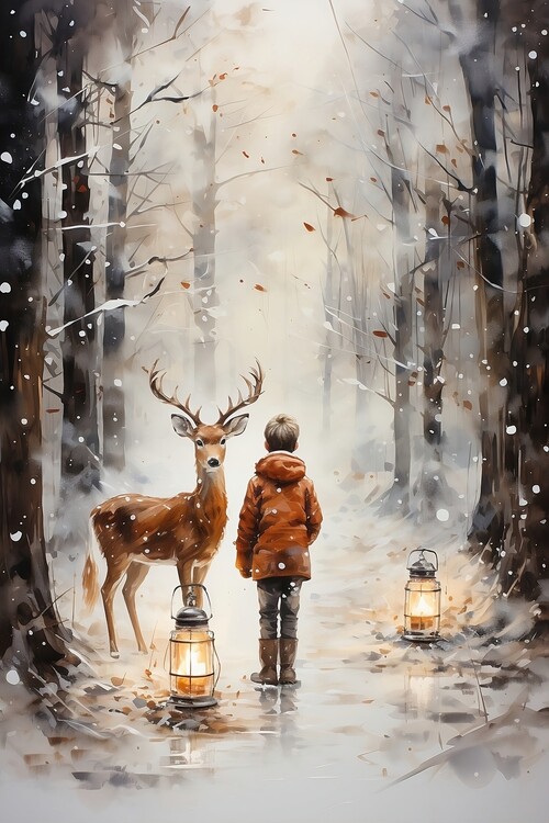 Lerretsbilde Christmas Magic, Boy meets raindeer