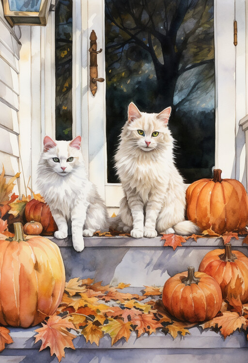 Illustration White Cats & Pumpkins Painting, Cats Painting, Autumn Paint