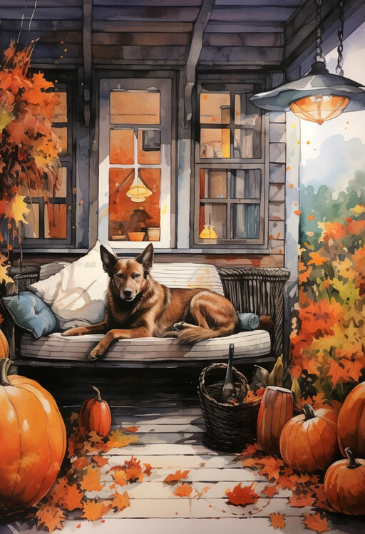 Ilustrace Dog Sleeping on Cozy Porch Painting, dog painting