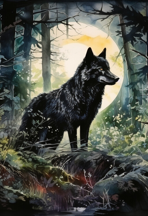 Obraz na plátně The Black Wolf Painting, Wolf Poster