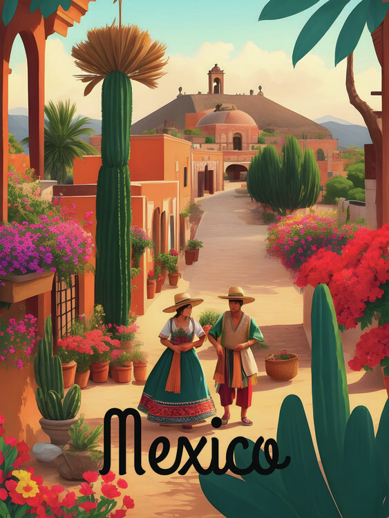 Illustration Mexico Traditional Village Scene Travel Poster