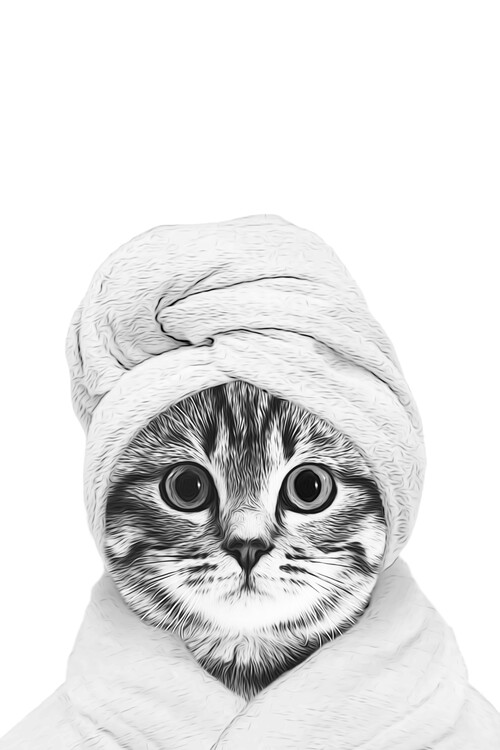 Lámina cat with bathrobe and towel