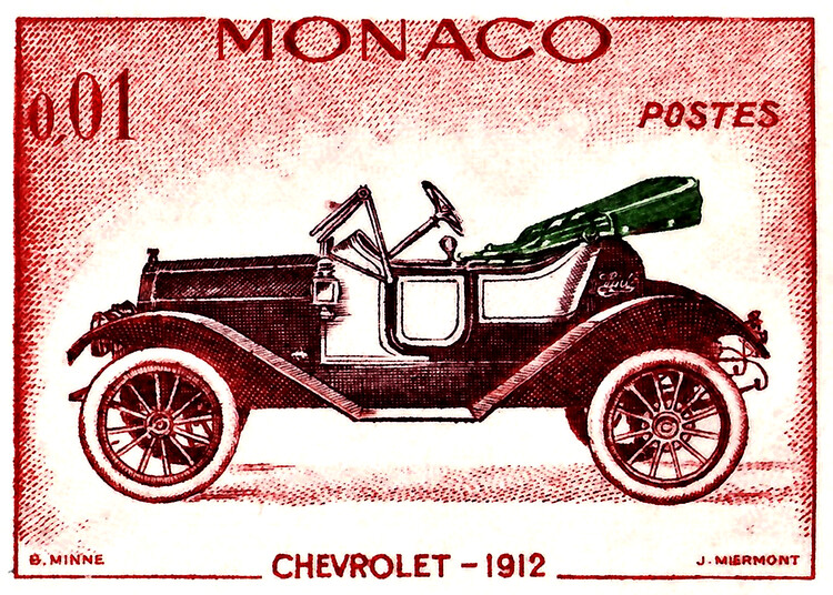Umjetnički plakat Chevrolet 1912 Classic car Monaco stamp