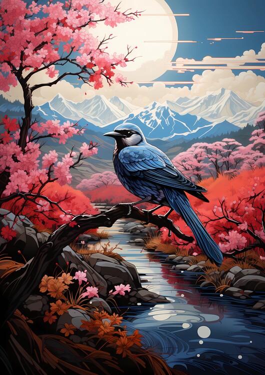 Illusztráció Bird by mount fuji