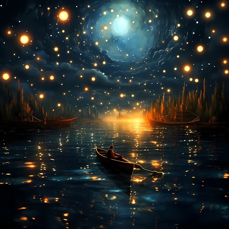 Umělecký tisk Boat, beautiful magical starry night