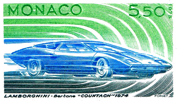 Ilustrace Lamborghini Bertone Countach 1974 Classic car Monaco stamp