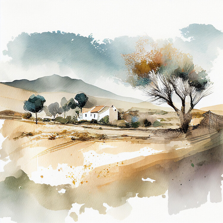 Illustration Abstract watercolor countryside landscape, wall art prints