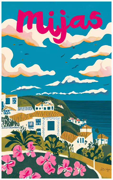 Illustration Vintage travel poster of the city of Malaga, Spain