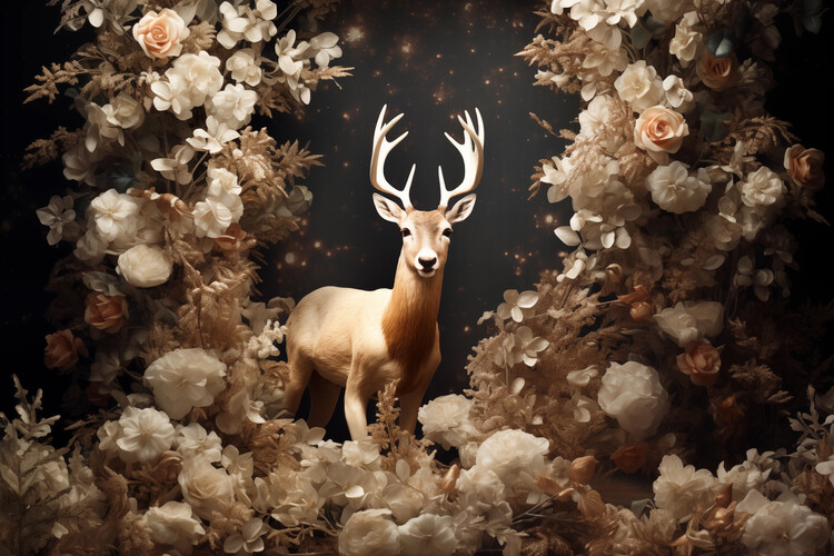 Art Photography Reindeer Surrounded by Gold and White Christmas Decoration