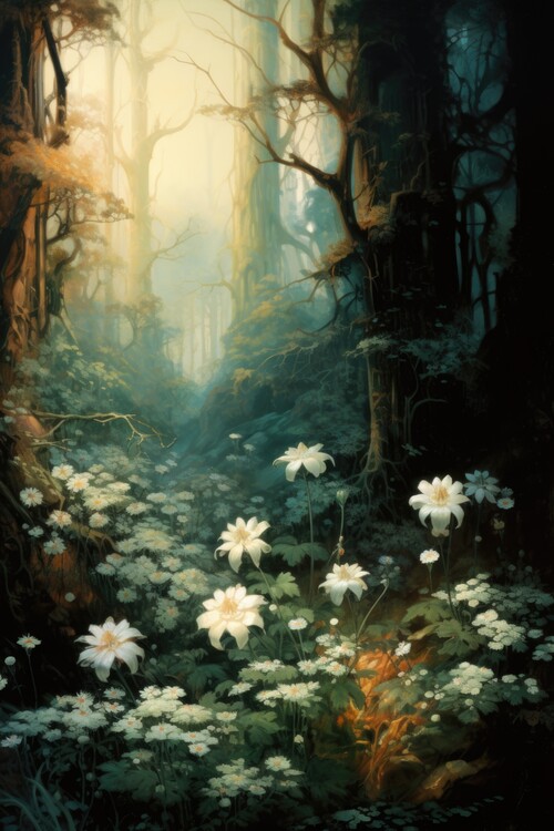 Illustration Woodland Dawn Blossoms Ethereal Light