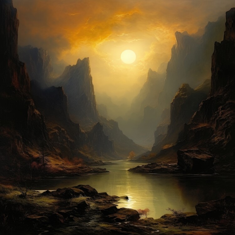 Illustrazione Canyon River at Sunset
