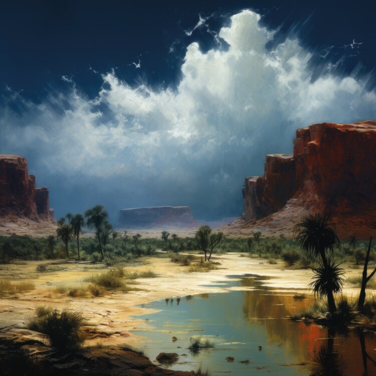 Illustration Moonlit Oasis in Rugged Desert