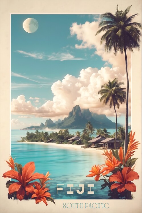 Ilustrácia Fiji Vintage Travel Poster - Tropical Paradise Elegance