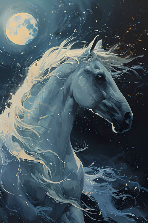 Illustration White horse in the moonlight