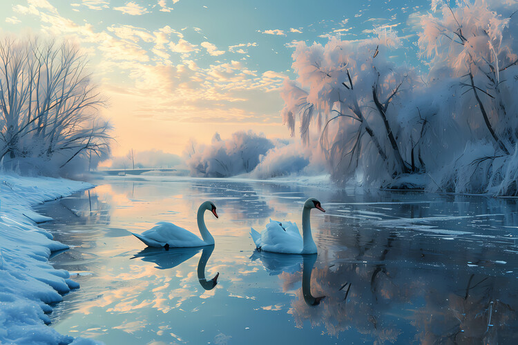 Ilustracja Beautiful Swans on winter lake