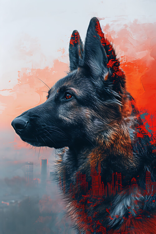 Ilustrace German shepher dog - Double exposure with a London silhuette