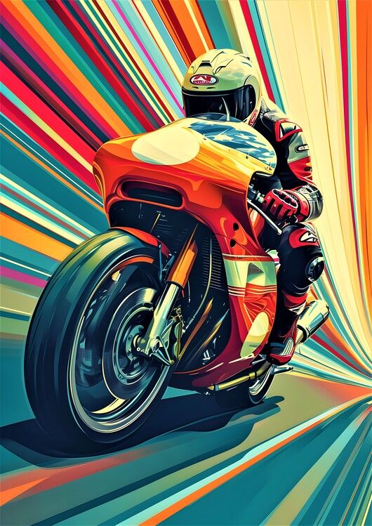 Illustration Fast Motorcycle At Speed Colorful Wall Art