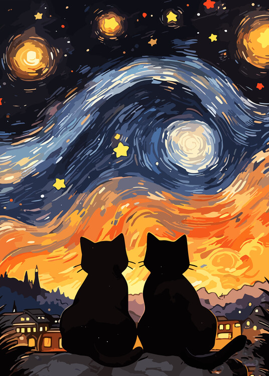 Ilustração Cat night Starry Art