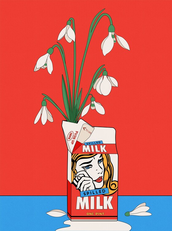 Illustration Snowdrops in Spilled Milk Carton Retro Illustration