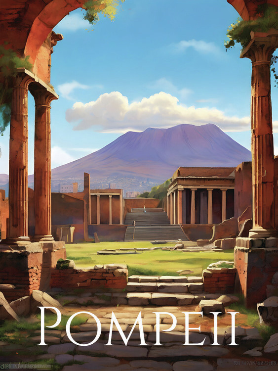 Ilustrácia Ruins of Pompeii and Vesuvius