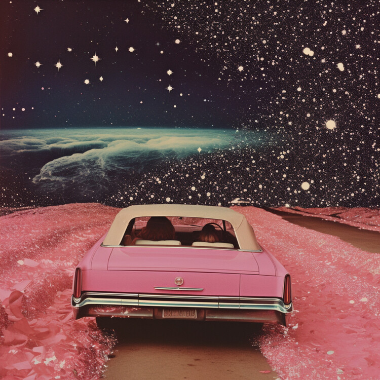 Ilustrace Pink Cruise in Space Collage Art, Samantha Hearn, 40x40 cm