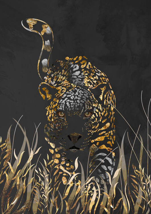 Ilustrace Black gold jaguar in grass, Sarah Manovski, 30x40 cm