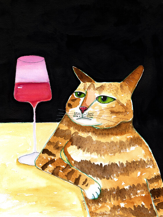 Ilustrace Cat Friday Night Drinks Wine Funny Cat Humour, Sharyn Bursic, 30x40 cm