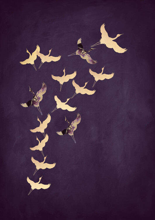 Ilustrace Purple Flying Cranes, Aureous, 30x40 cm