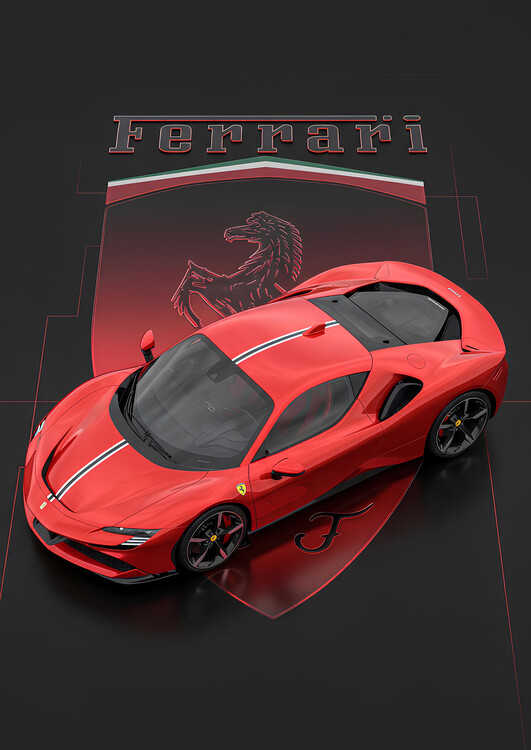 Plakát Ferrari SF90 Top Aerial View on Prancing Horse Shield Logo