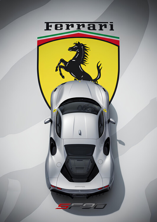 Plakát Ferrari SF90 Stradale in Silver Gray on Scuderia Shield