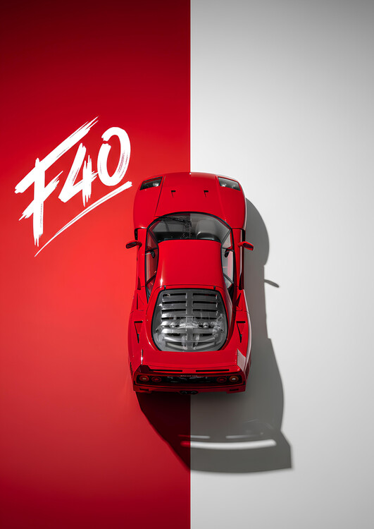 Plakát Ferrari F40 Top Aerial View Red and White Split Background