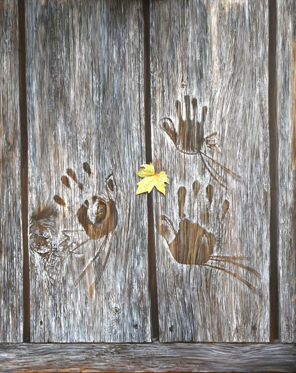 Plakát Handprint Birds in the Wooden Grain