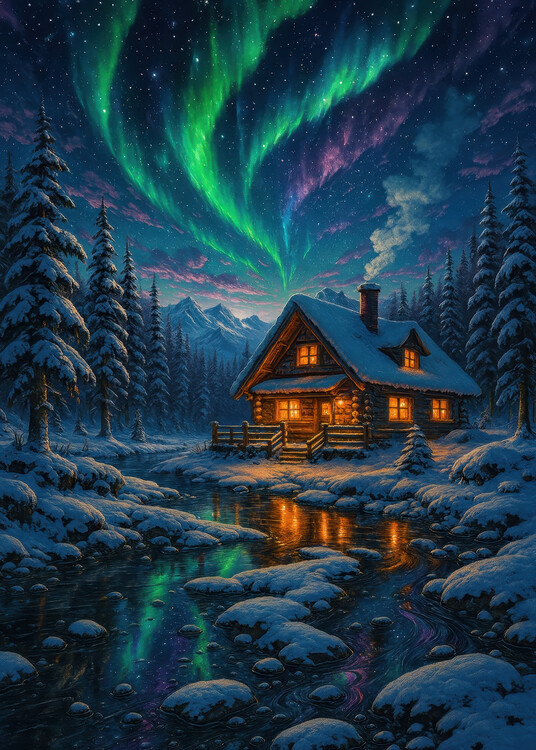 Plakát Northern Lights Above a Cozy Winter Cabin