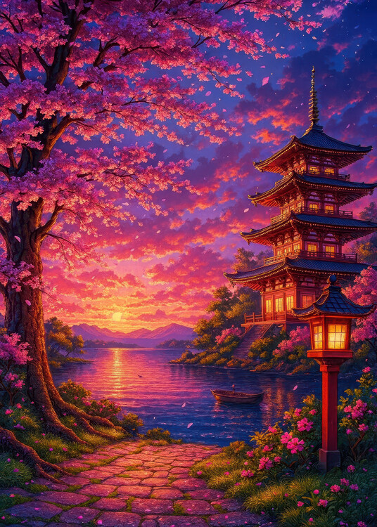 Plakát Sunset at the Cherry Blossom Pagoda