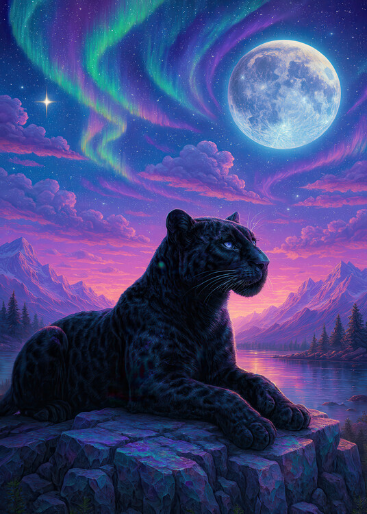Plakát Midnight Panther Under the Aurora Moon
