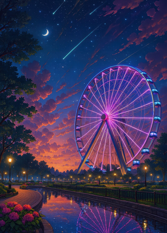 Plakát Midnight Ferris Wheel Under the Shooting Stars