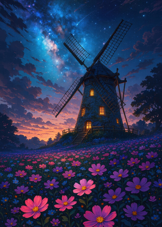 Plakát Midnight Windmill Over the Flower Fields