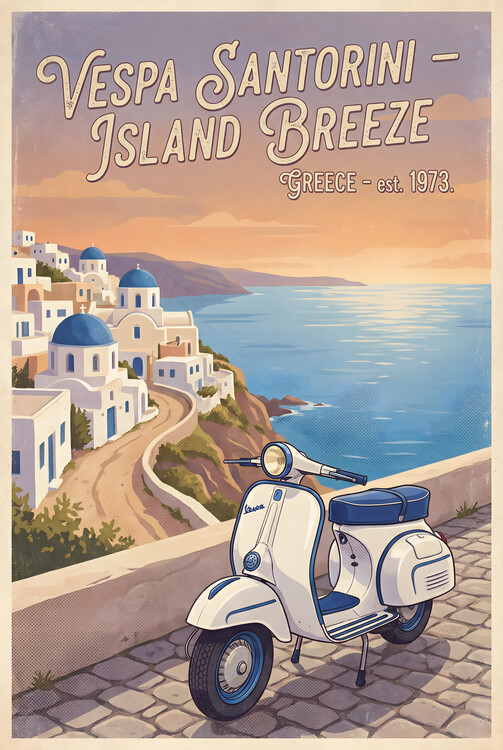 Plakát Vespa Santorini Vintage Poster – Island Breeze